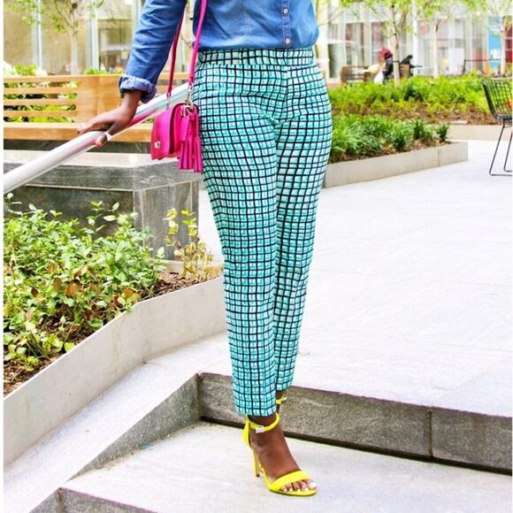 Kate Spade Spring Teal Grid Mid Rise Ankle Crop Pants - Picture 1 of 10